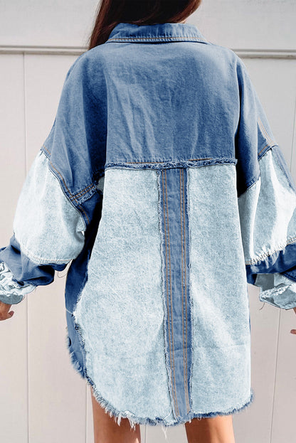 Blauw kleurblok gerafeld oversized denim jack met patchwork