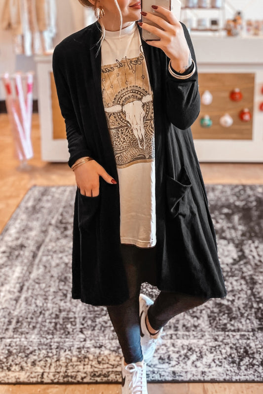 Zwarte effen open voorkant cardigan met zak