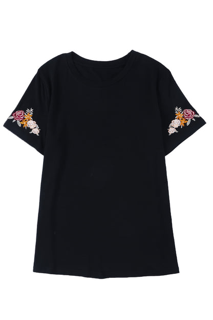 Black Floral Embroidered Round Neck Short Sleeve T Shirt