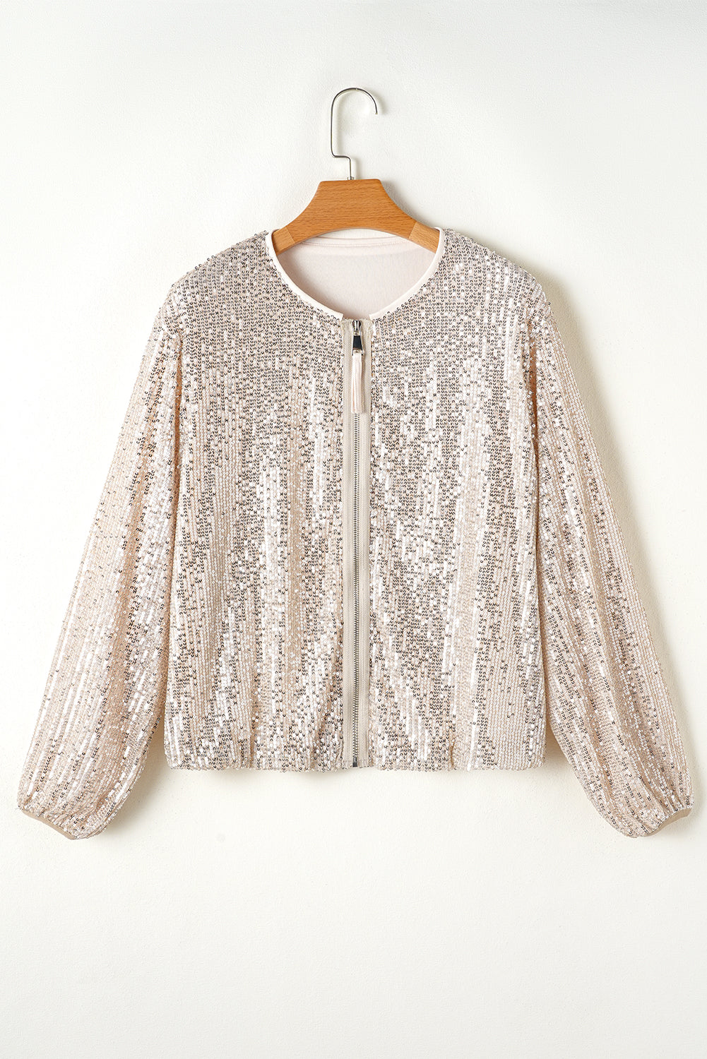 Abrikoos Sequin Zip-up Ronde Hals Lange Mouw Jas