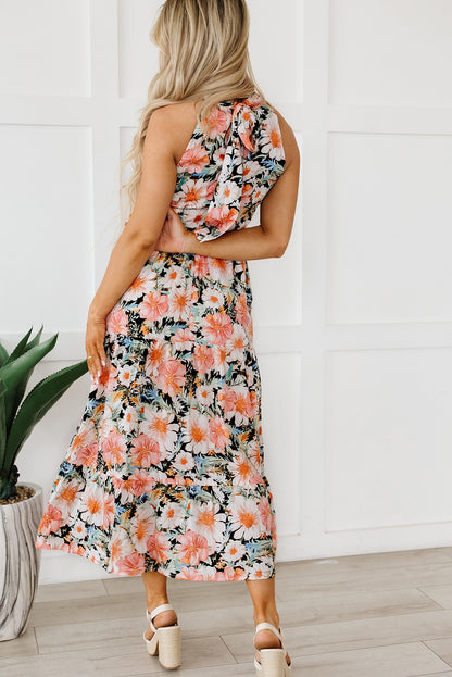 Zwarte Boho bloemenprint geknoopte halter maxi-jurk met ruches