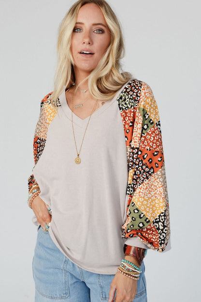 Parchment Contrast Printed Raglan Sleeves Patchwork V Neck Loose Top