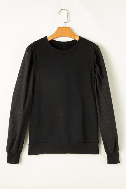 Black Textured Patchwork Round Neck Sweatshirt