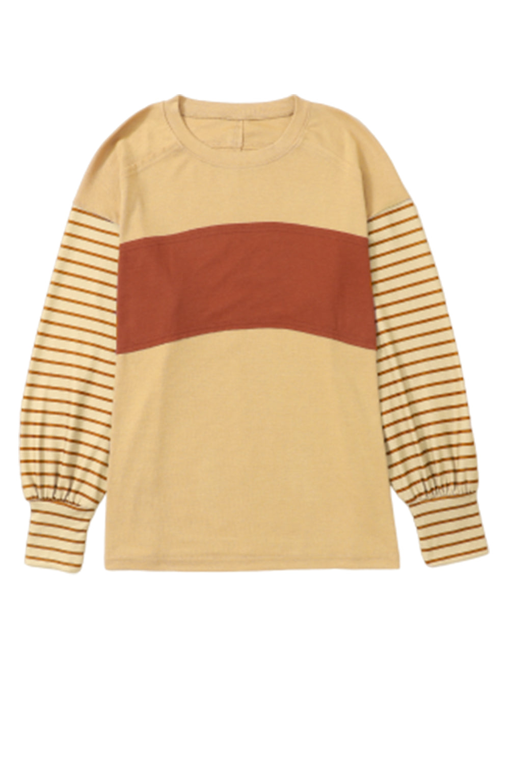 Light French Beige Colorblock Striped Bishop Sleeve Top