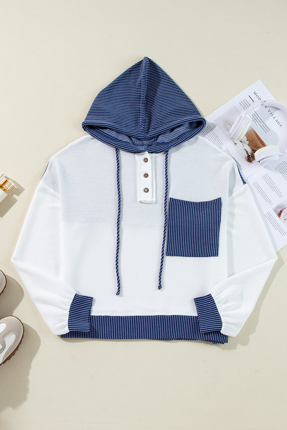 Witte koord met kleurblok Patch Pocket Drawring Hooded top