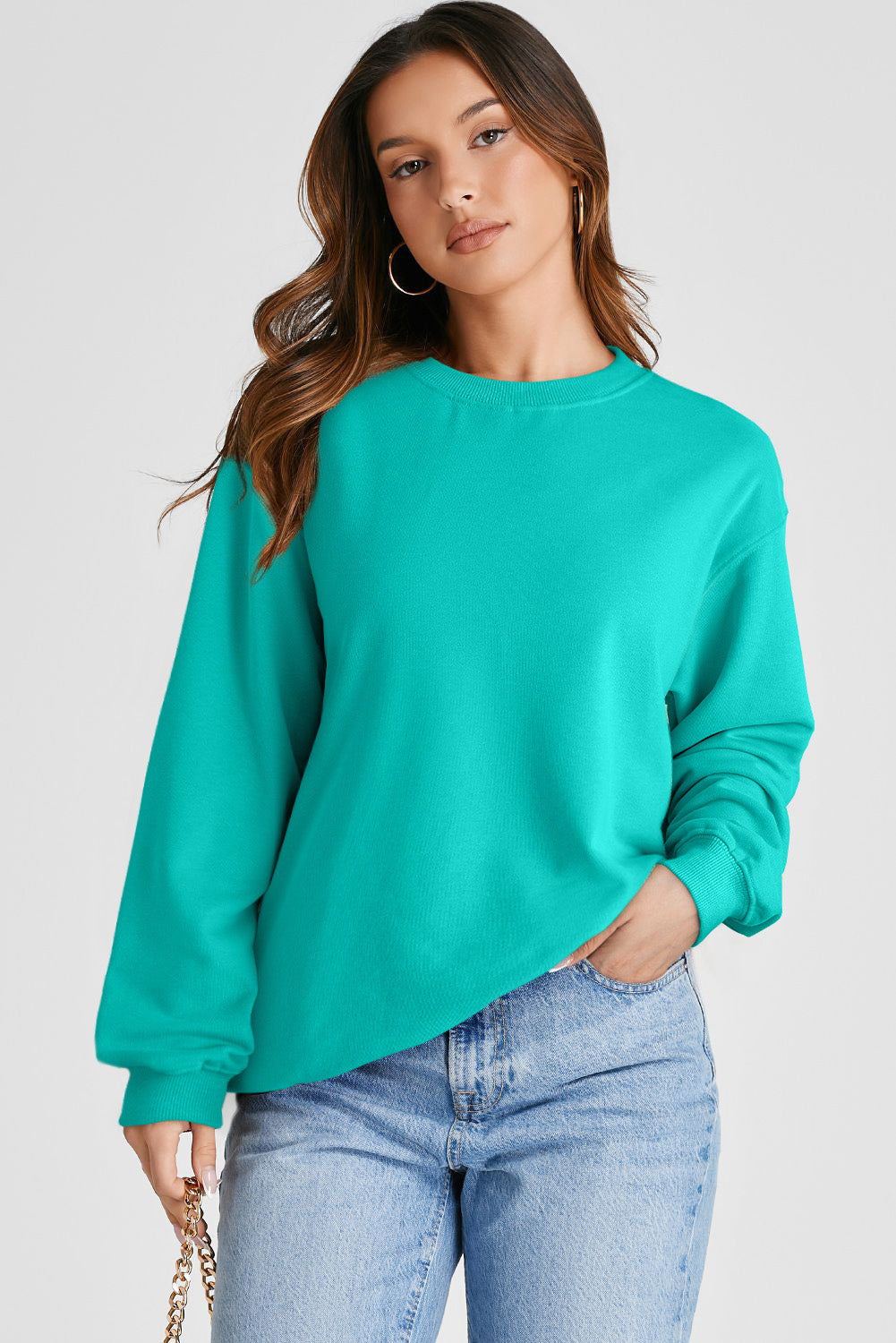 Aruba Blauwe Effen Drop Schouder Ronde Hals Pullover Sweatshirt