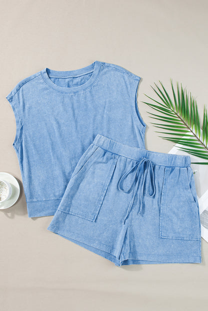 Dusk Blue Mineral Wash T-shirt en trekkoordshortset