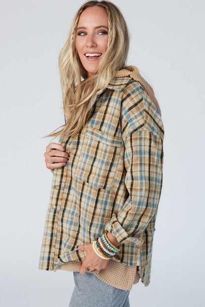 Ashleigh Blue Waffle Breid Patchwork Hooded Plaid Shacket