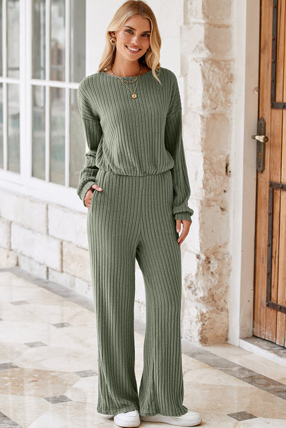 Lauriergroene effen geribbelde gebreide jumpsuit met sleutelgat aan de achterkant en hoge taille