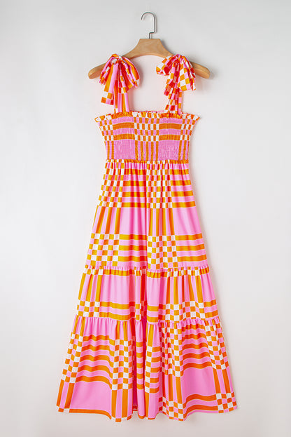 Roze Boho Gingham gebonden bandjes gesmokte maxi-jurk