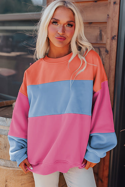 Sky Blue Colorblock Patchwork Drop Shoulder Sweatshirt