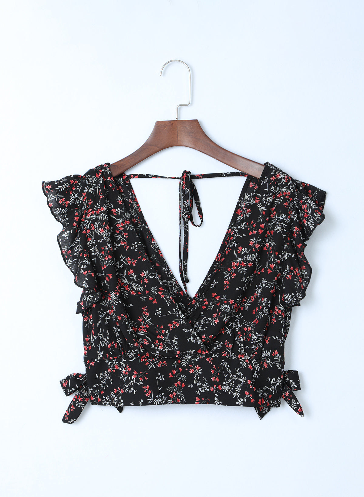 Zwart veelkleurige crop top en maxirok met bloemen en ruches