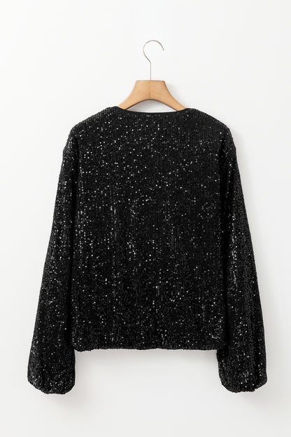 Abrikoos Sequin Zip-up Ronde Hals Lange Mouw Jas