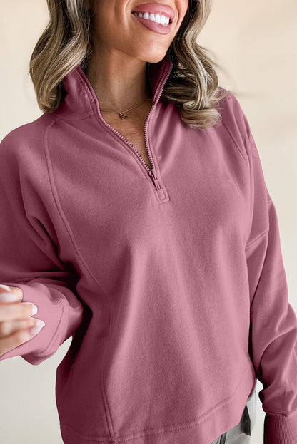 Fushia Zipped Neck Pullover Drop Shoulder Sweatshirt