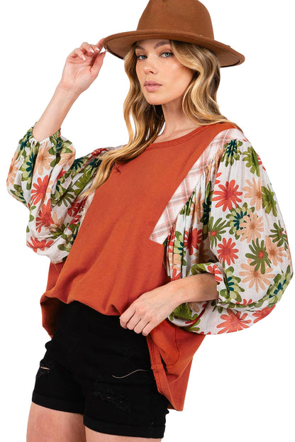 Desert Gold Floral Puff Sleeve Patchwork Round Neck Blouse