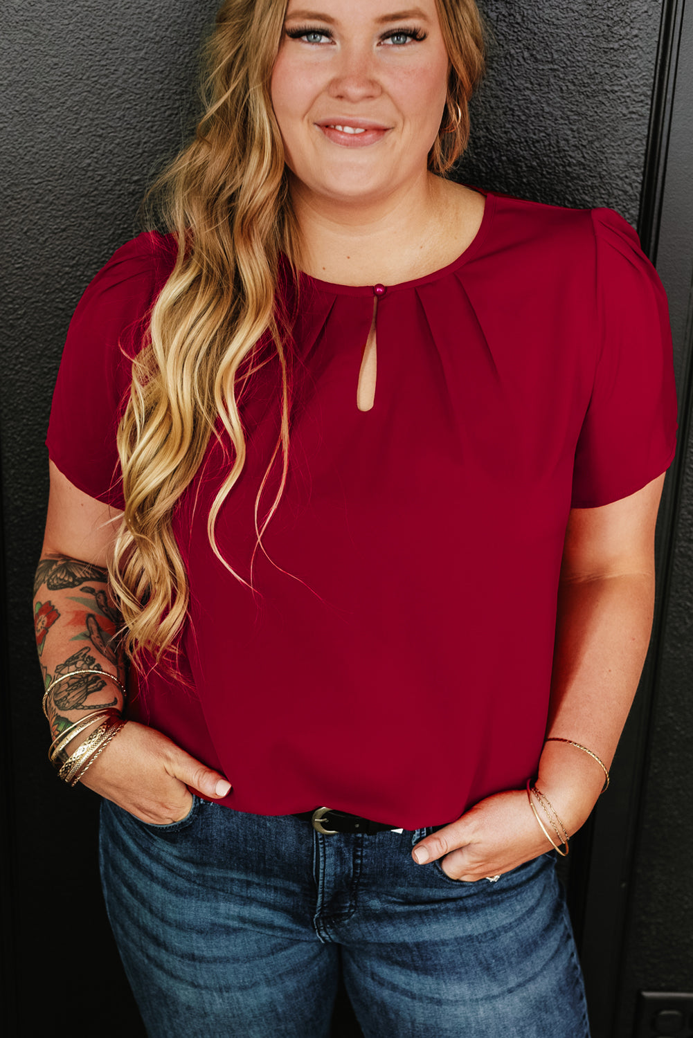 Red Dahlia Keyhole Pleated Crew Neck Plus Size T Shirt