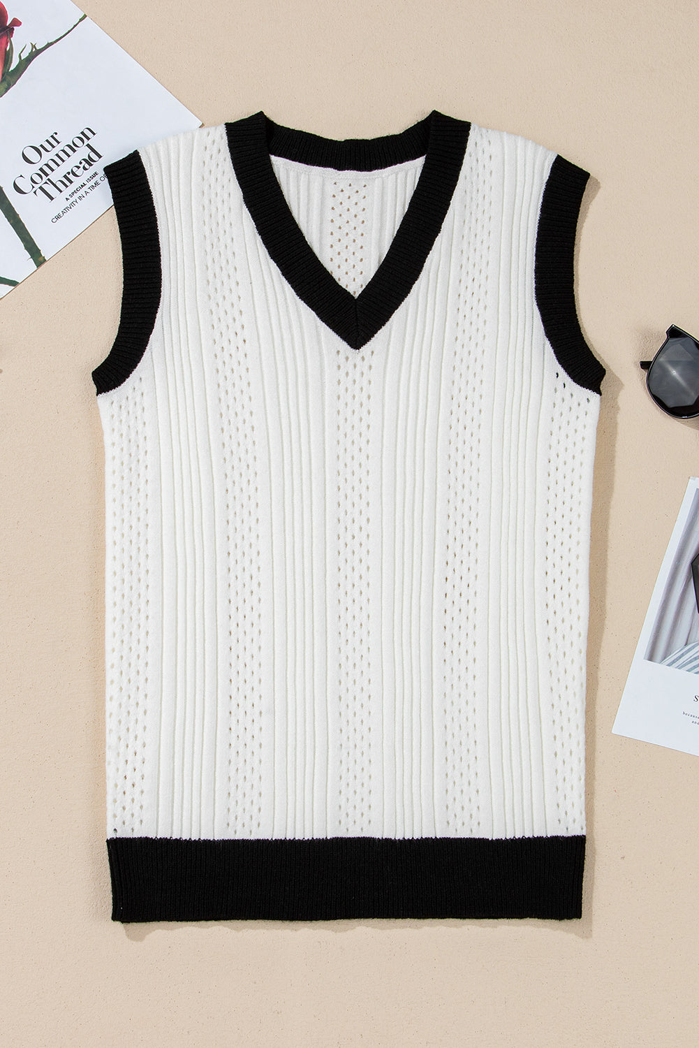 White Contrast Trim Eyelet Knit Colorblock V Neck Sweater Vest