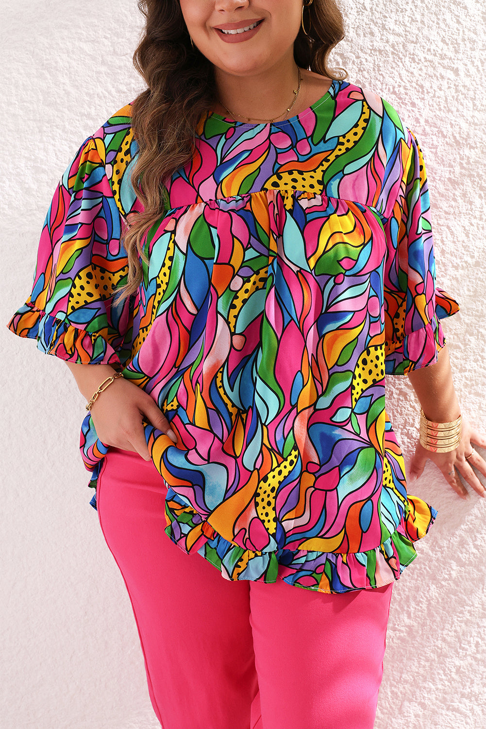 Roze abstracte print plus maat blouse met ruches