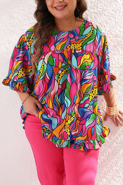 Roze abstracte print plus maat blouse met ruches