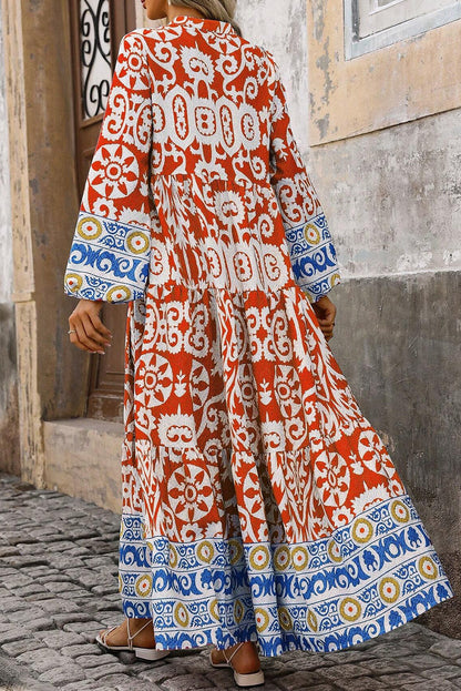 Oranje boho geometrische gedrukte maxi -jurk met lange mouwen