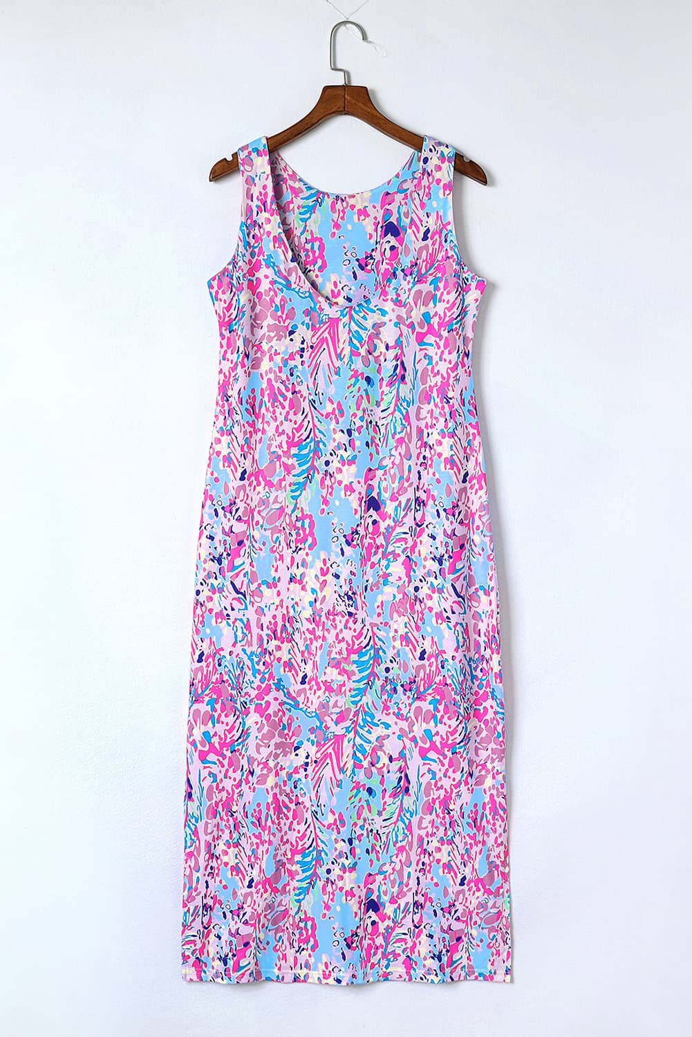 Paarse mouwloze maxi-jurk met abstracte bloemenprint