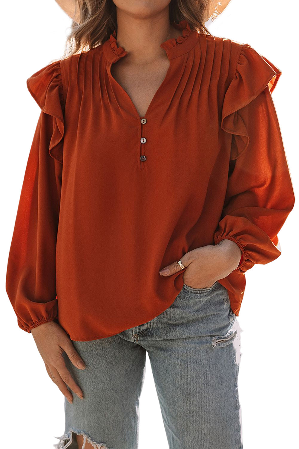 Orange Ruffled Pleated Buttoned V Neck Blouse