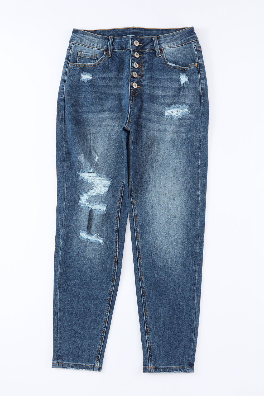 Blauwe noodlijdende skinny jeans met hoge taille en knoopsluiting