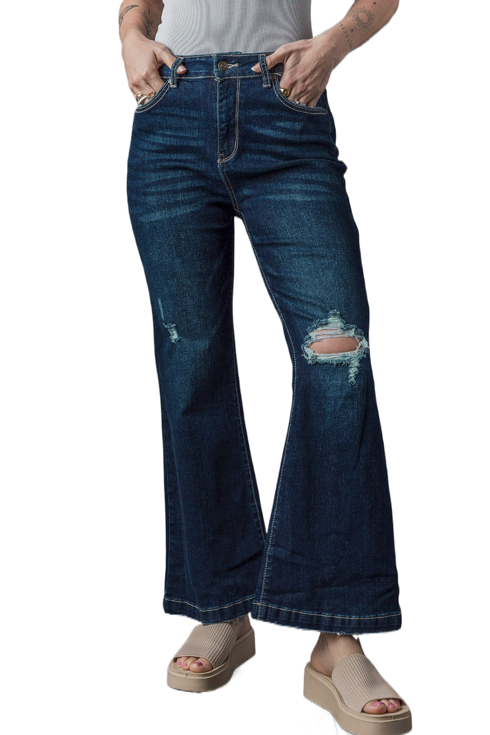 Echte blauwgroene jeans met hoge taille en gescheurde bell bottom