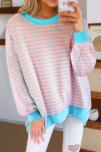 Sky Blue Stripe Contrast Trim High Low Pullover Tunic Sweatshirt