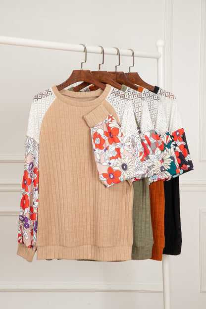 Parchment Floral Patchwork Long Sleeve Ribbed Blouse