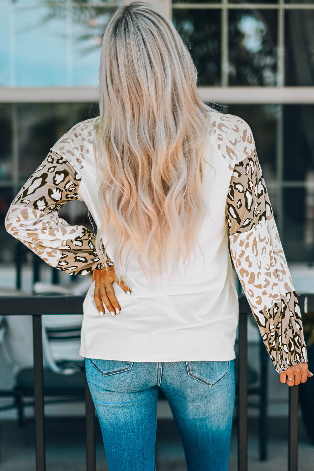 Beige Leopard Print Bubble Sleeve Top