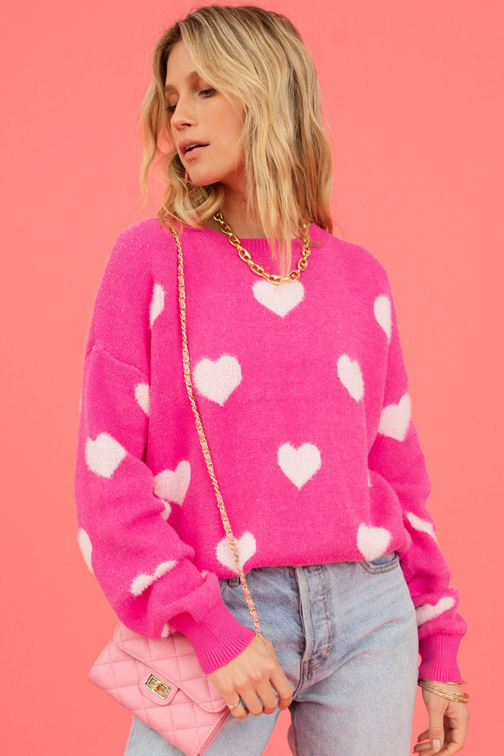 Felroze Fuzzy Valentine Hearts Drop Schouder Trui