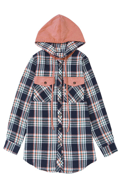 Pink Contrast Hooded Drawstring Plaid Shacket