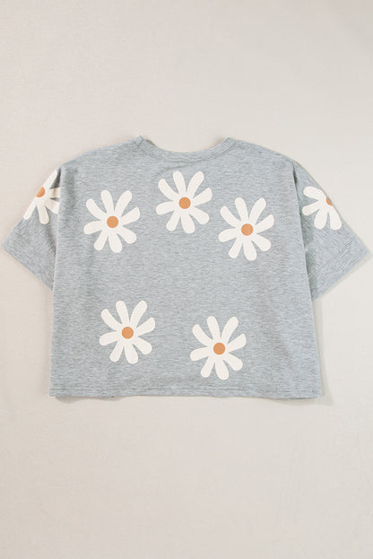 Gray Daisy Flower Printed Casual T Shirt