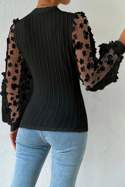 Zwarte gebloemde stoffen mesh mouwen getextureerde gebreide blouse