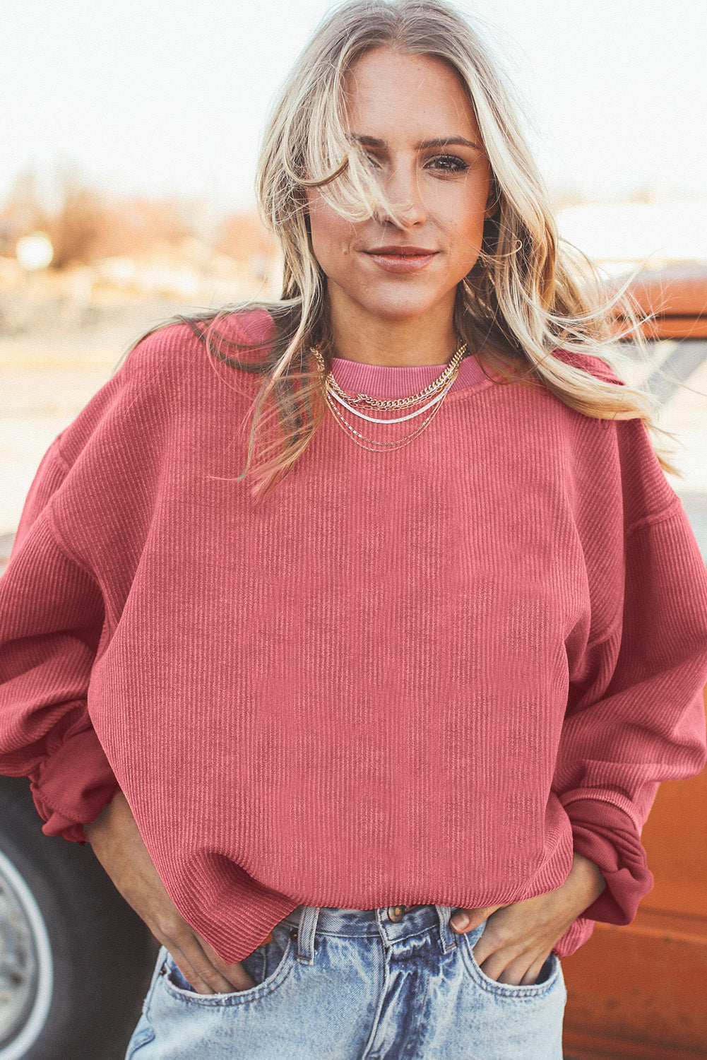 Strawberry Pink Ribbed Corduroy Oversized Sweatshirt