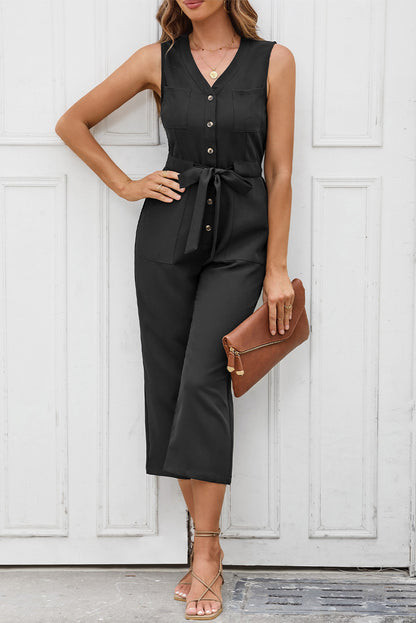 Zwarte mouwloze cropped jumpsuit met knopen en sjerp