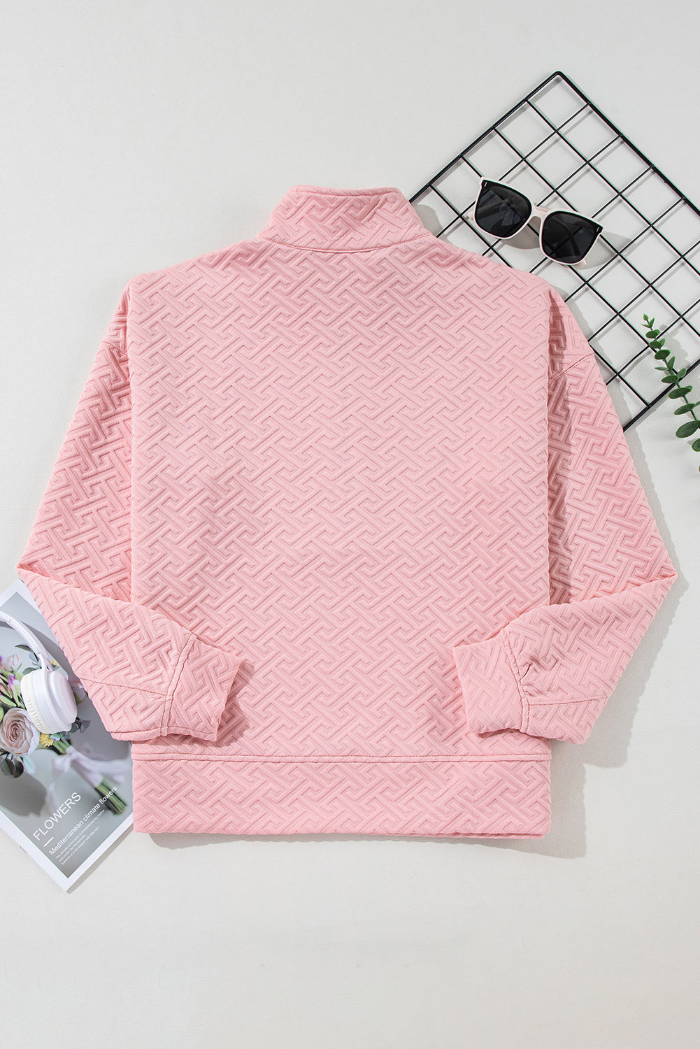 Lichtroze effen getextureerde sweatshirt met halve rits en kraag