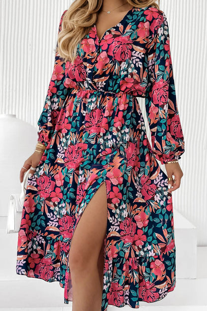 Fiery Red V Neck Elastic High Waist Split Floral Dress