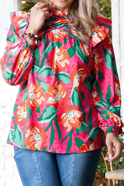 Roze bloemenprint geplooide ruches O-hals plus maat blouse