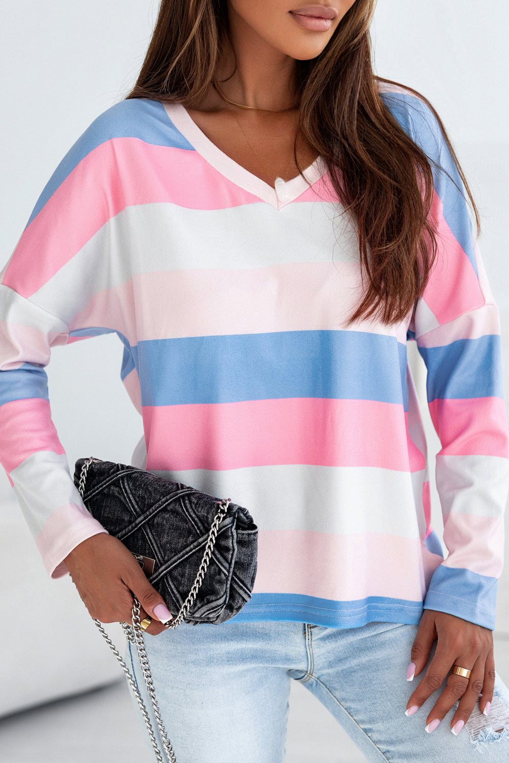 Pink Contrast Striped V Neck Long Sleeve Top