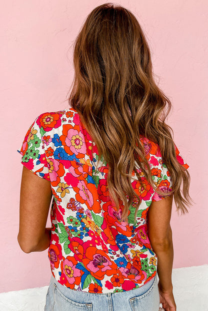 Fiery Red Floral Split Neck Top