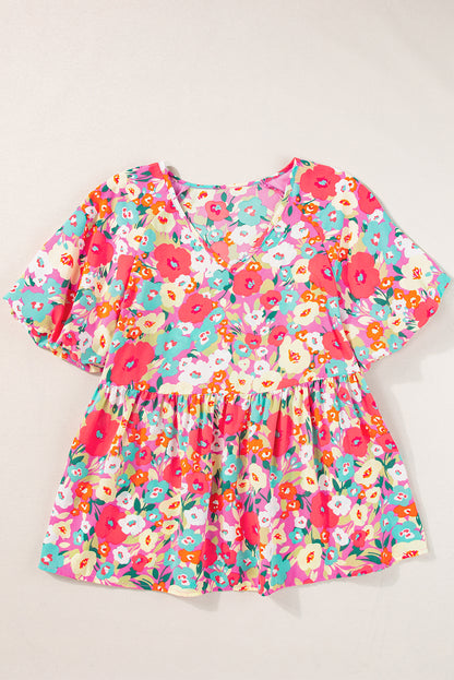 Veelkleurige babydollblouse met korte boho-bloemen en pofmouwen