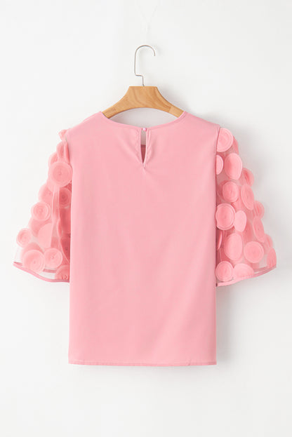 Stoffige roze contrasterende appliqué mesh blouse met halve mouwen