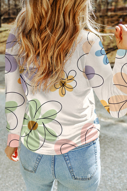 Beige Flower Print Crew Neck Long Sleeve T Shirt