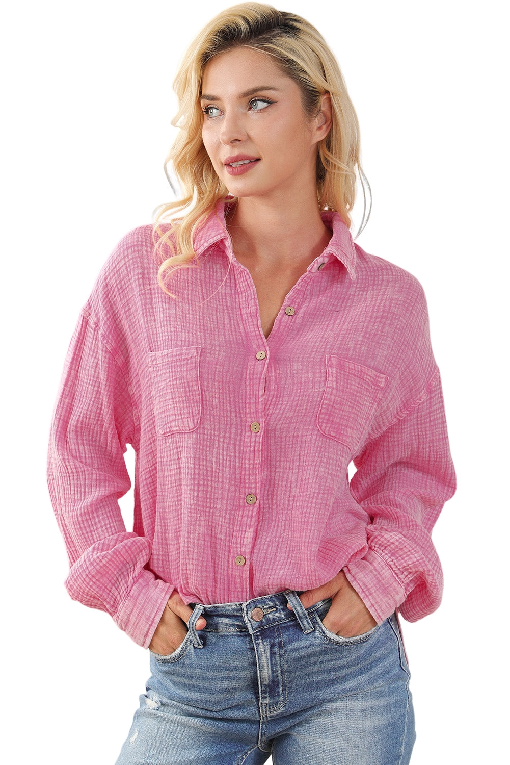 Pink Mineral Wash Crinkle Textured Chest Pockets Shirt