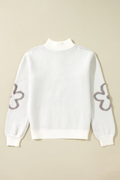 White Contrast Flower Half Zipper Stand Neck Sweater