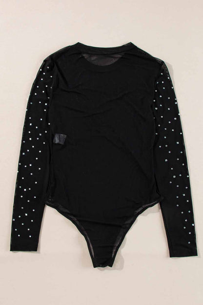 Zwarte strass pure mesh lange mouw bodysuit