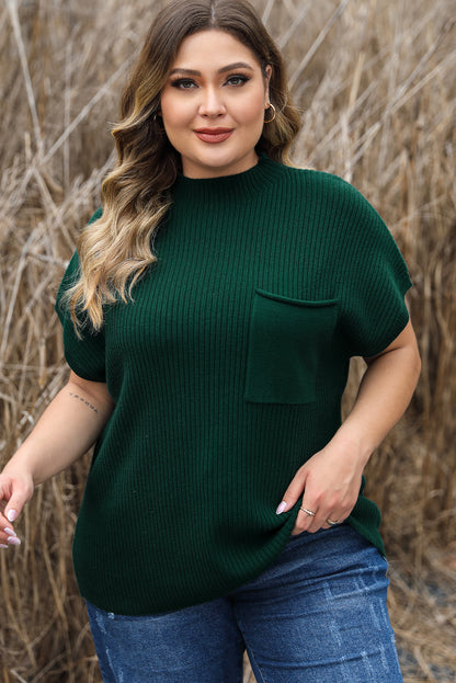 Jungle Green Plus Size Mock Neck Chest Pocket Short Sleeve Sweater