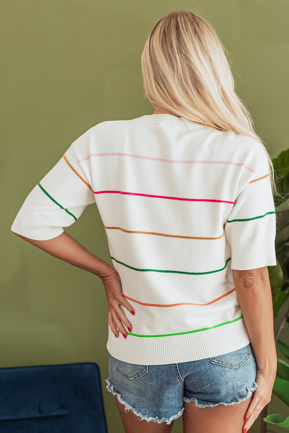 White Colorblock Striped Half Sleeve Drop Shoulder Sweater